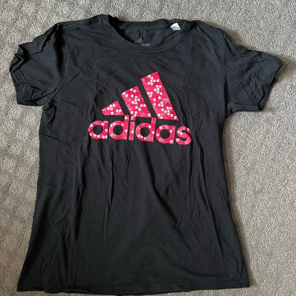 Adidas Black T-Shirt with Red Floral Logo